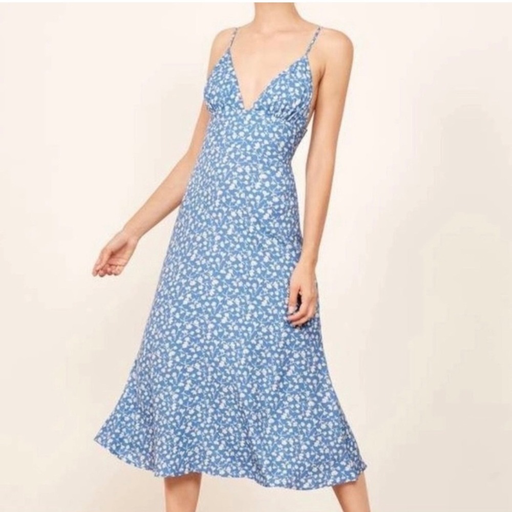 Reformation Blue Floral Tie Strap Smocked Midi Dress V-Neck A-Line 8